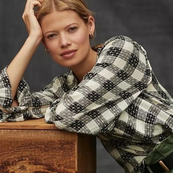 Anthropologie Pilcro Breezy Plaid Wool Blend Button Down Shirt Black and Cream M - Picture 1 of 12